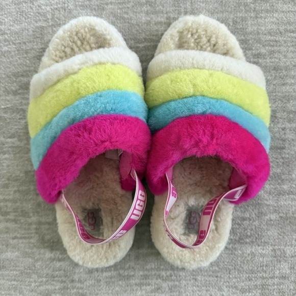 UGG Fluff Yeah Slide Stripe Neon Multi Rainbow Plush Slippers Womens US 6 - Picture 5 of 7